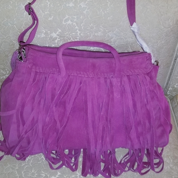 BEAUTIFUL FUSCHIA SUEDE FRINGED LARGE TOTE BAG - Picture 2 of 6